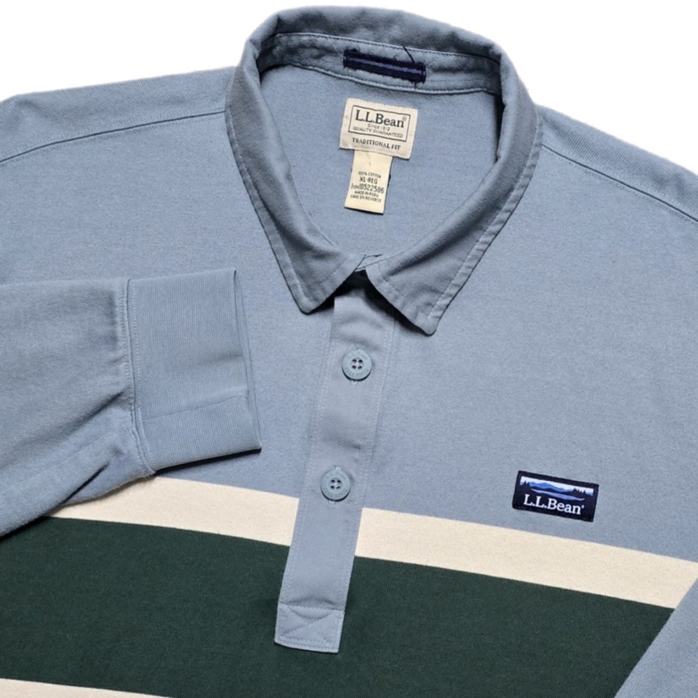 VTG LL Bean Mens Striped Classic Rugby Polo Shirt Sz XL Blue Green Long Sleeve